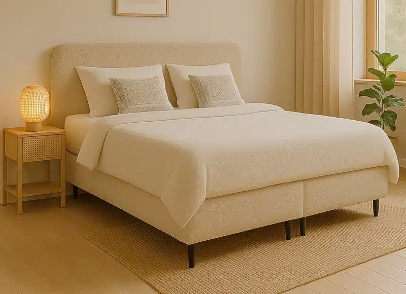 Mörgenn Boxspring Bouclé - Pocketvering - Luxe Curvy Hoofdbord
