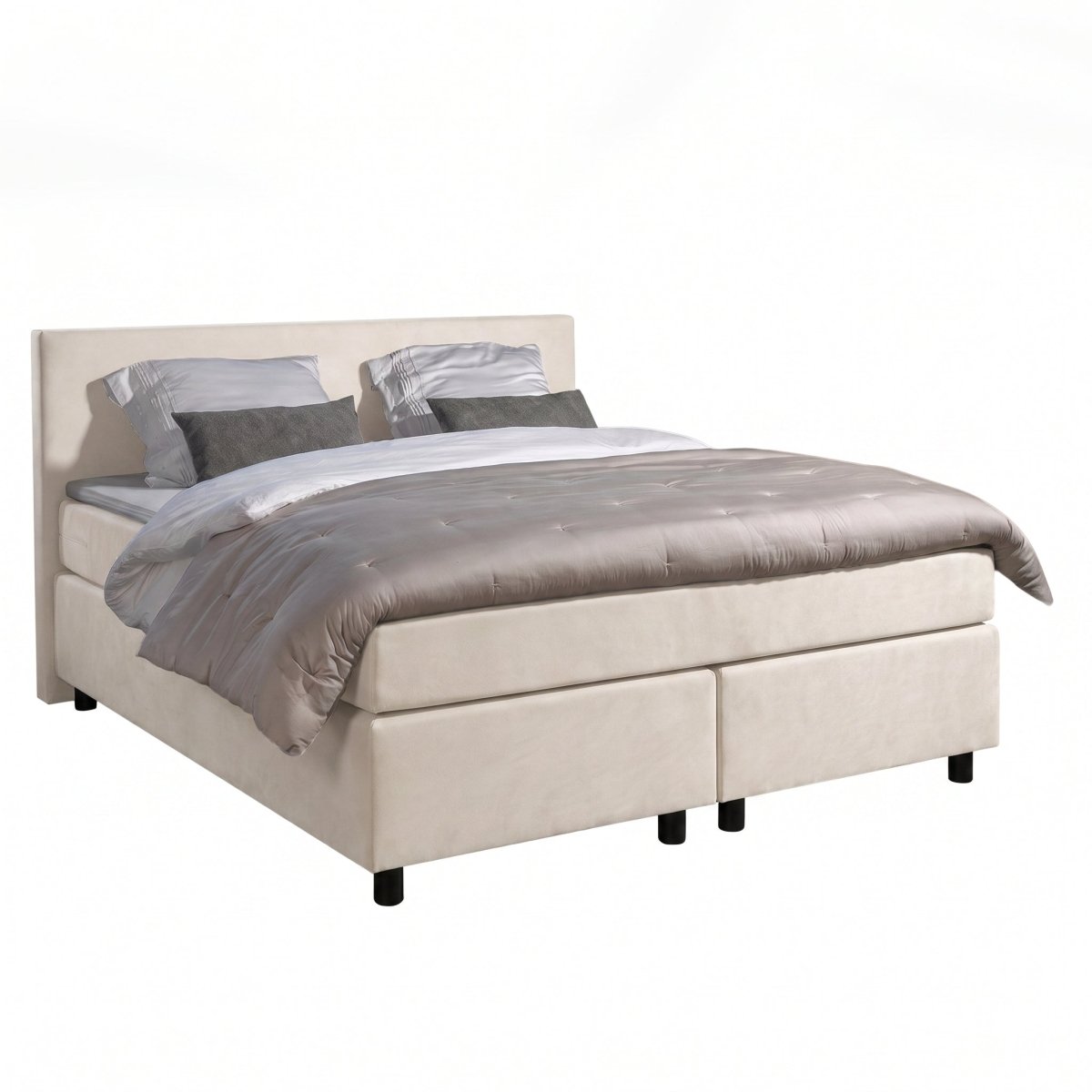 Mörgenn Boxspring Amsterdam Lederlook Skai Leer - Strak Hoofdbord + Dekbed en Kussens 80x200 Crème Lederlook - Mörgenn