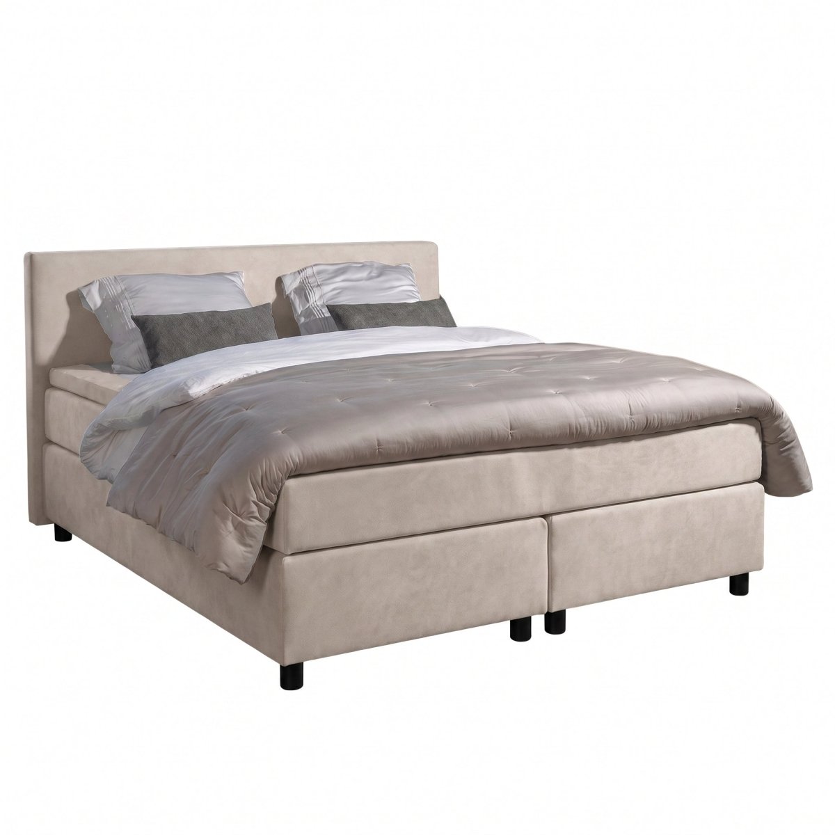 Mörgenn Boxspring Amsterdam Lederlook Skai Leer - Strak Hoofdbord + Dekbed en Kussens 80x200 Beige Lederlook - Mörgenn