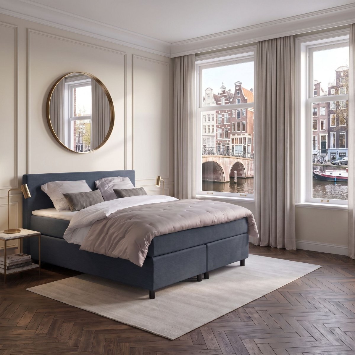 Mörgenn Boxspring Amsterdam - Strak Hoofdbord + Dekbed en Kussens 80 x 200 Donkerblauw - Mörgenn