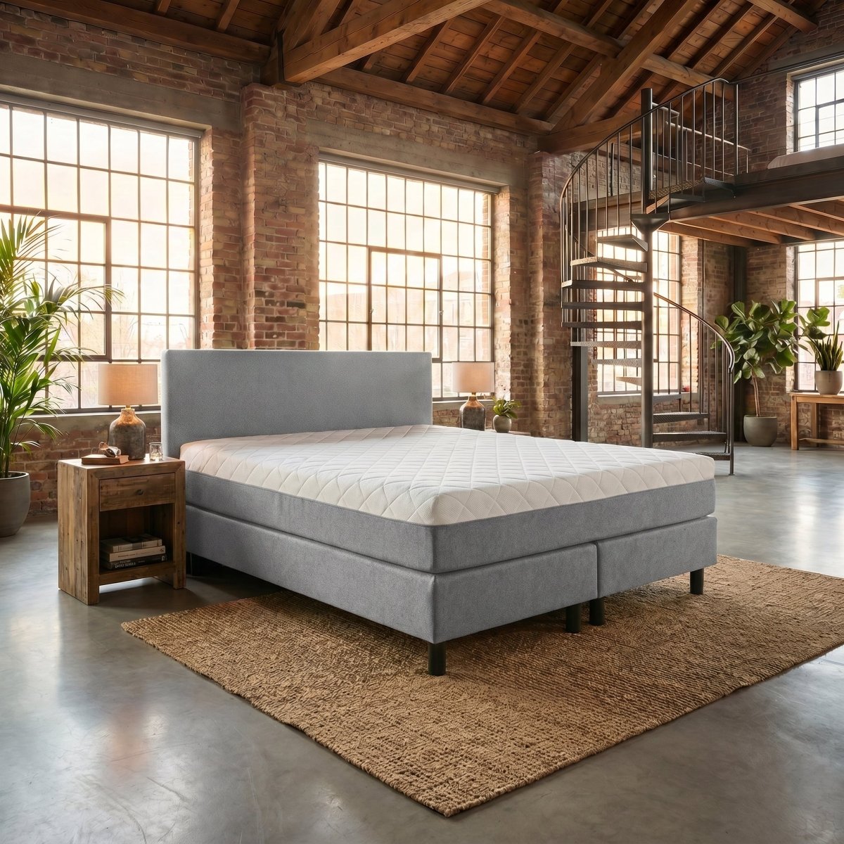 Boxspring Basic in lichtgrijs, matras met geïntegreerde topmatras