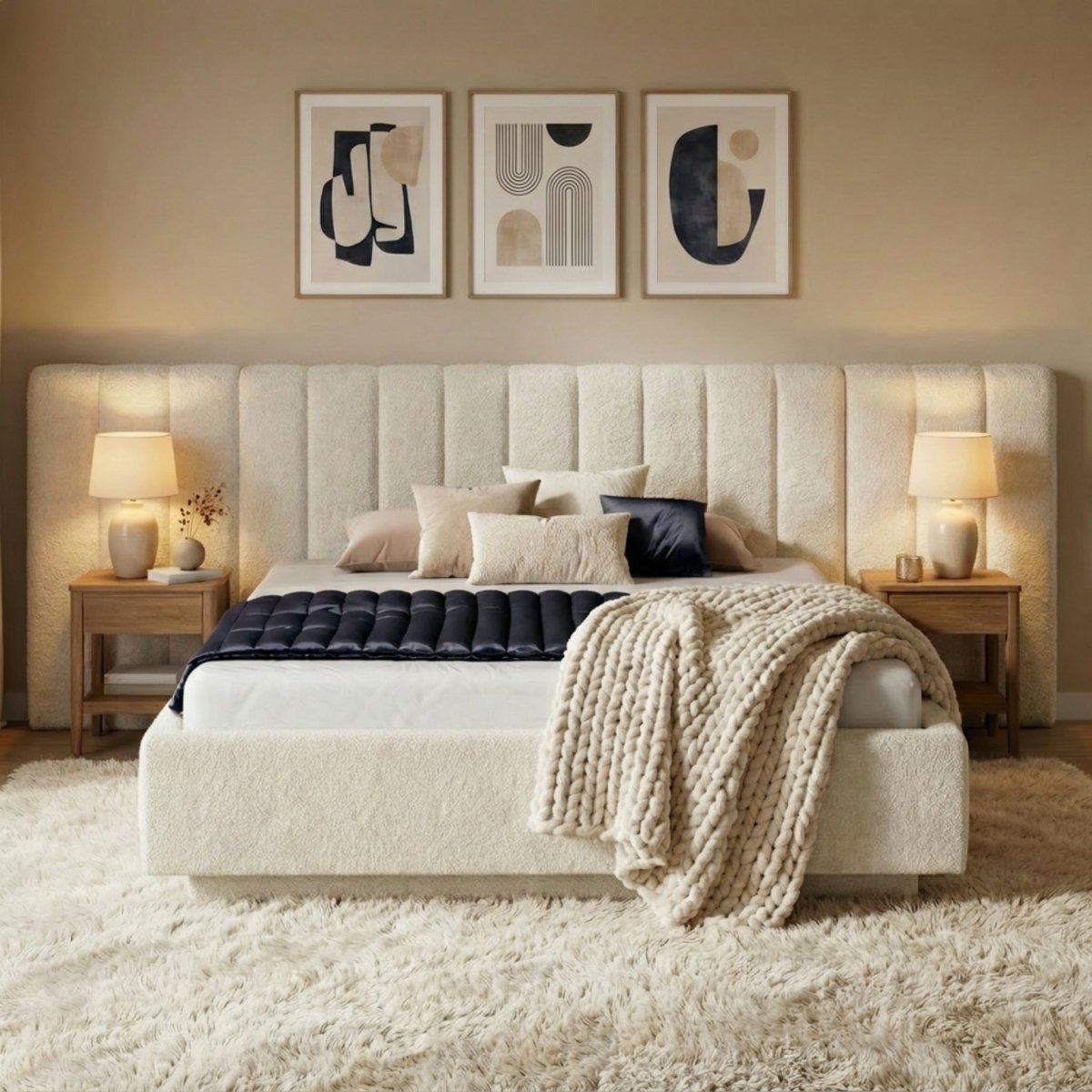Mörgenn Luxe Bed Loft Luxe Designbed - Zonder Poten - XXL Hoofdbord 140x200 Crème (Cream 20) Zonder Matras - Mörgenn