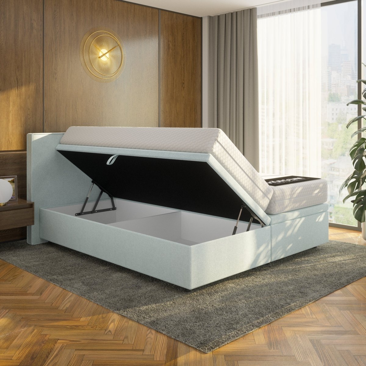 Mörgenn Opbergboxspring Havn met klep - Boxspring zonder matras met opbergruimte 90x200 Lichtblauw Geen Matras - Mörgenn