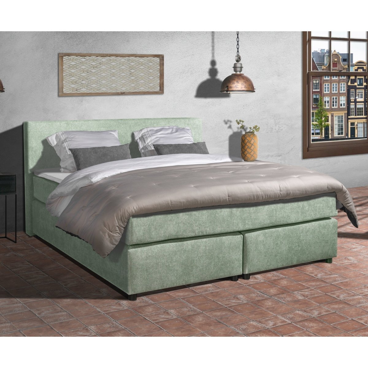 Mörgenn Boxspring Amsterdam - Pocketvering - Inclusief Dekbed en Kussens 80 x 200 Groen - Mörgenn