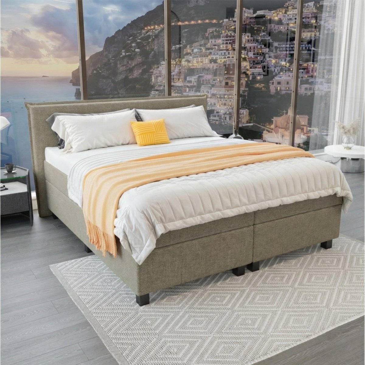 Mörgenn Boxspring Capri - Hoofdbord met bies - Pocketvering Boxen én Matrassen 80 x 200 Taupe - Mörgenn