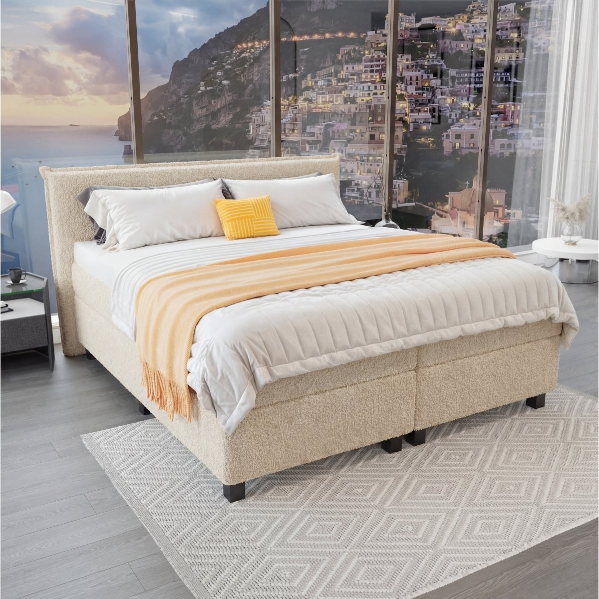 Mörgenn Boxspring Capri - Hoofdbord met bies - Pocketvering Boxen én Matrassen 80 x 200 Teddy Beige - Mörgenn
