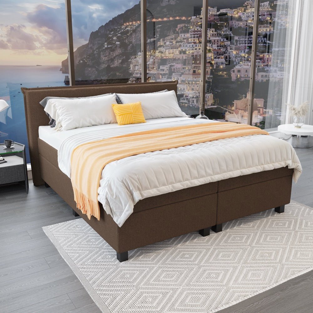 Mörgenn Boxspring Capri - Hoofdbord met bies - Pocketvering Boxen én Matrassen 80 x 200 Bruin - Mörgenn