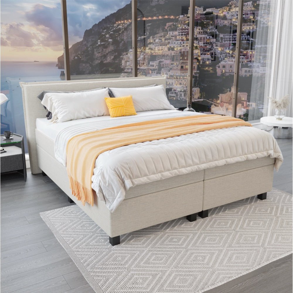 Mörgenn Boxspring Capri - Hoofdbord met bies - Pocketvering Boxen én Matrassen 80 x 200 Beige - Mörgenn