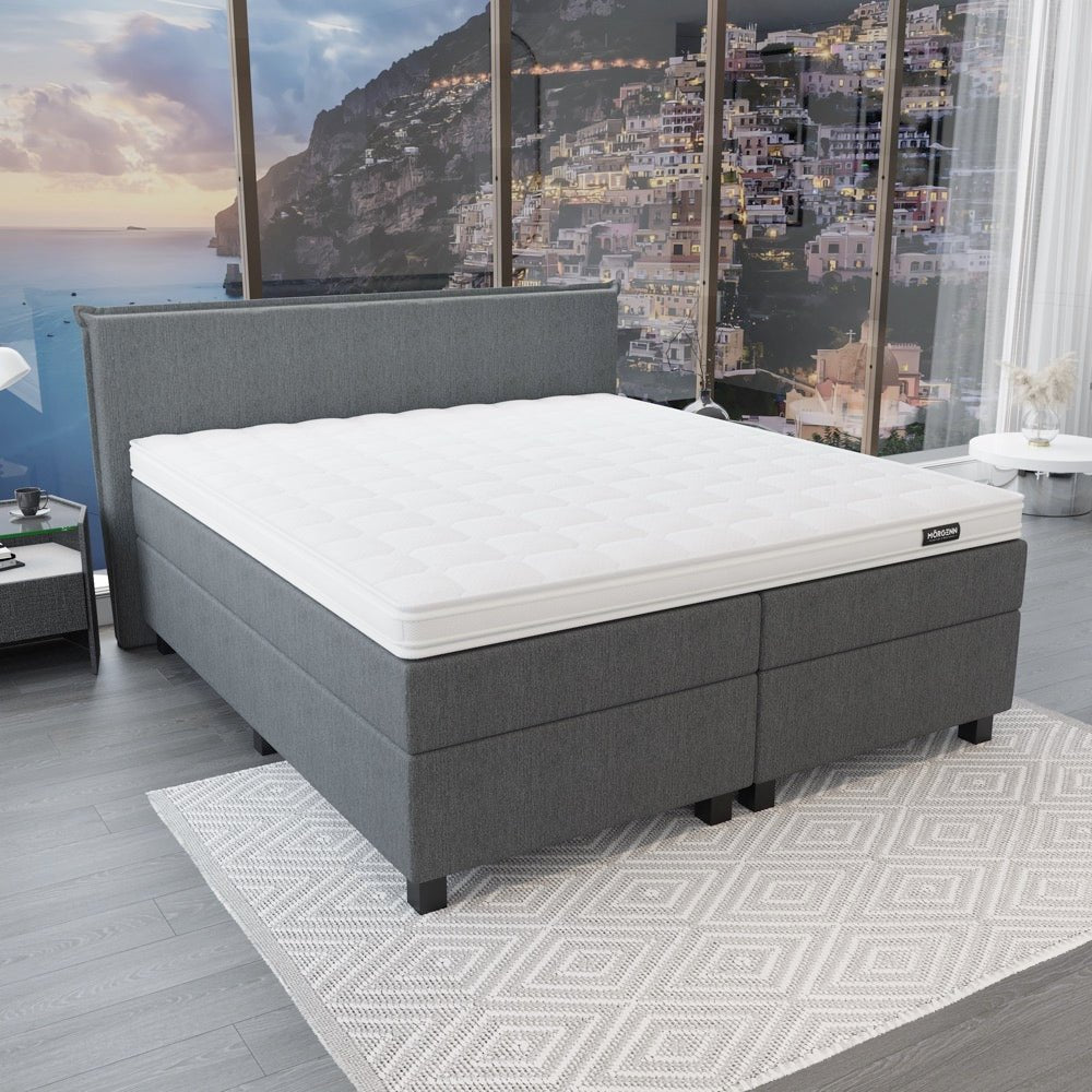 Mörgenn Boxspring Capri - Hoofdbord met bies - Pocketvering Boxen én Matrassen 80 x 200 Antraciet - Mörgenn