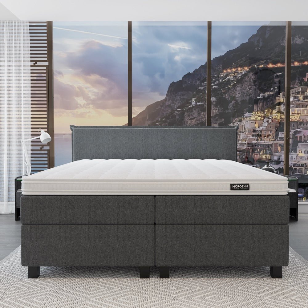 Mörgenn Boxspring Capri - Hoofdbord met bies - Pocketvering Boxen én Matrassen 80 x 200 Antraciet - Mörgenn