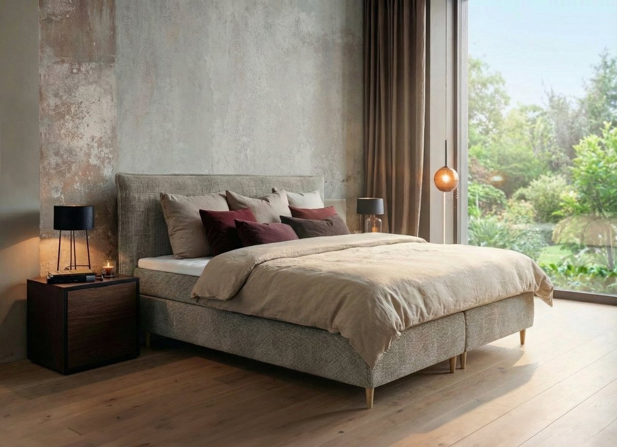 Mörgenn Boxspring Fjord met Luxe Hoofdbord met bies - Pocketvering Boxen én Matrassen 80 x 200 Taupe - Mörgenn