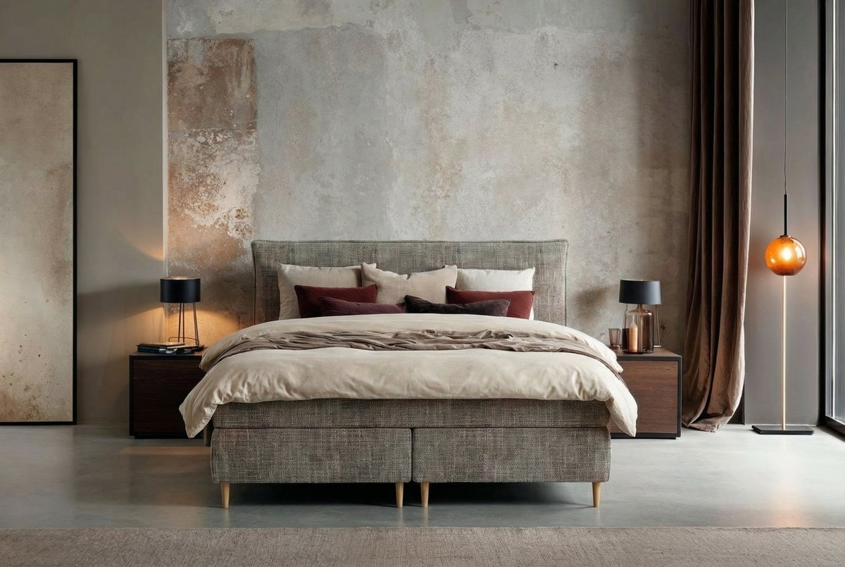 Mörgenn Boxspring Fjord met Luxe Hoofdbord met bies - Pocketvering Boxen én Matrassen 80 x 200 Taupe - Mörgenn