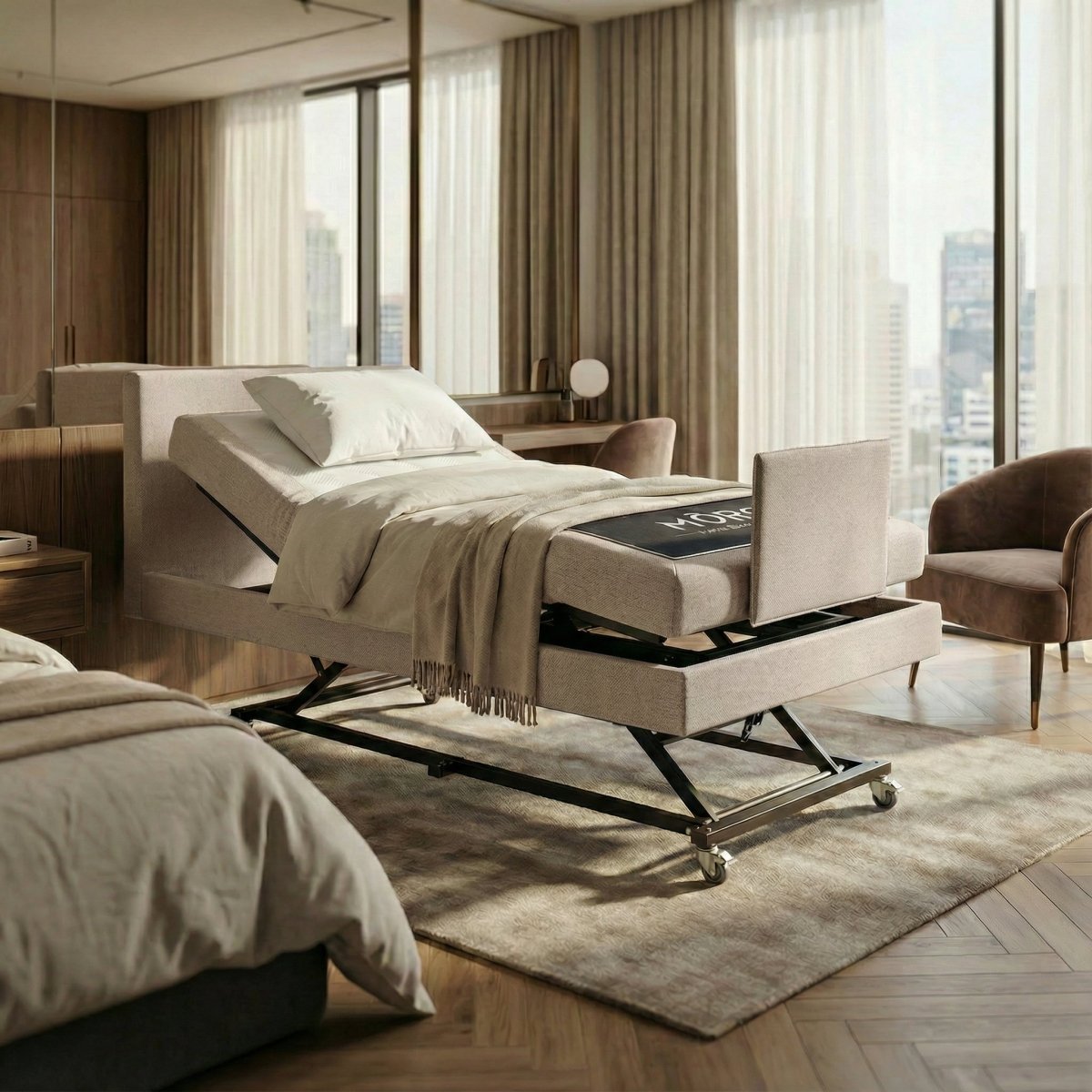 Mörgenn Elektrisch Verstelbaar Hooglaag Bed Robuusto - Inclusief Montage 90x200 Beige - Mörgenn