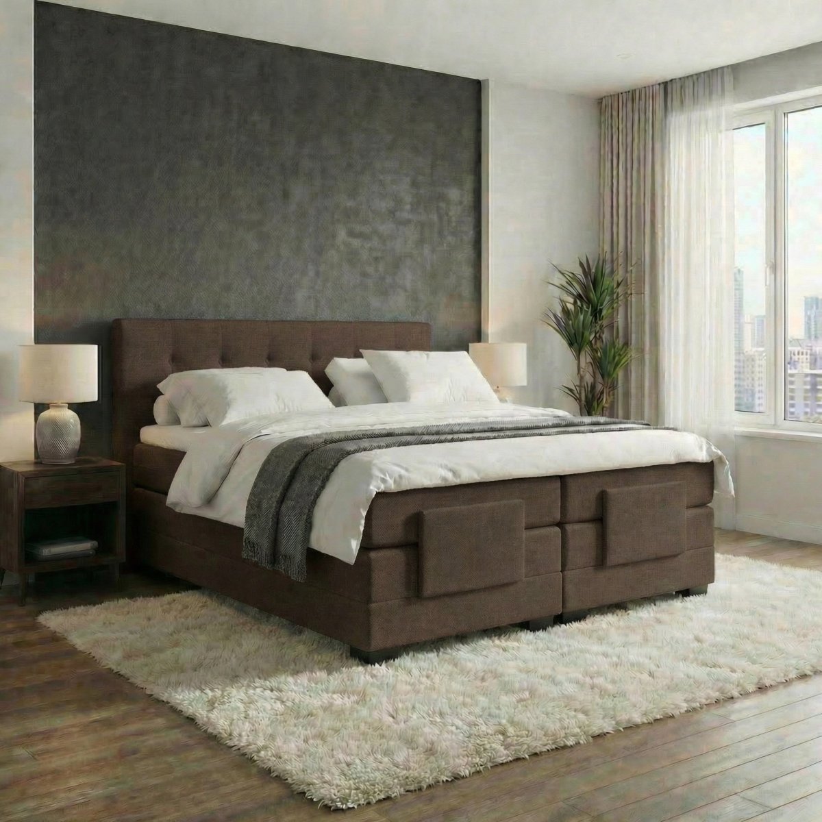 Mörgenn Elektrische Boxspring LUXA - Pocketvering - Inclusief Montage + Dekbed en Kussens 90 x 200 Bruin - Mörgenn