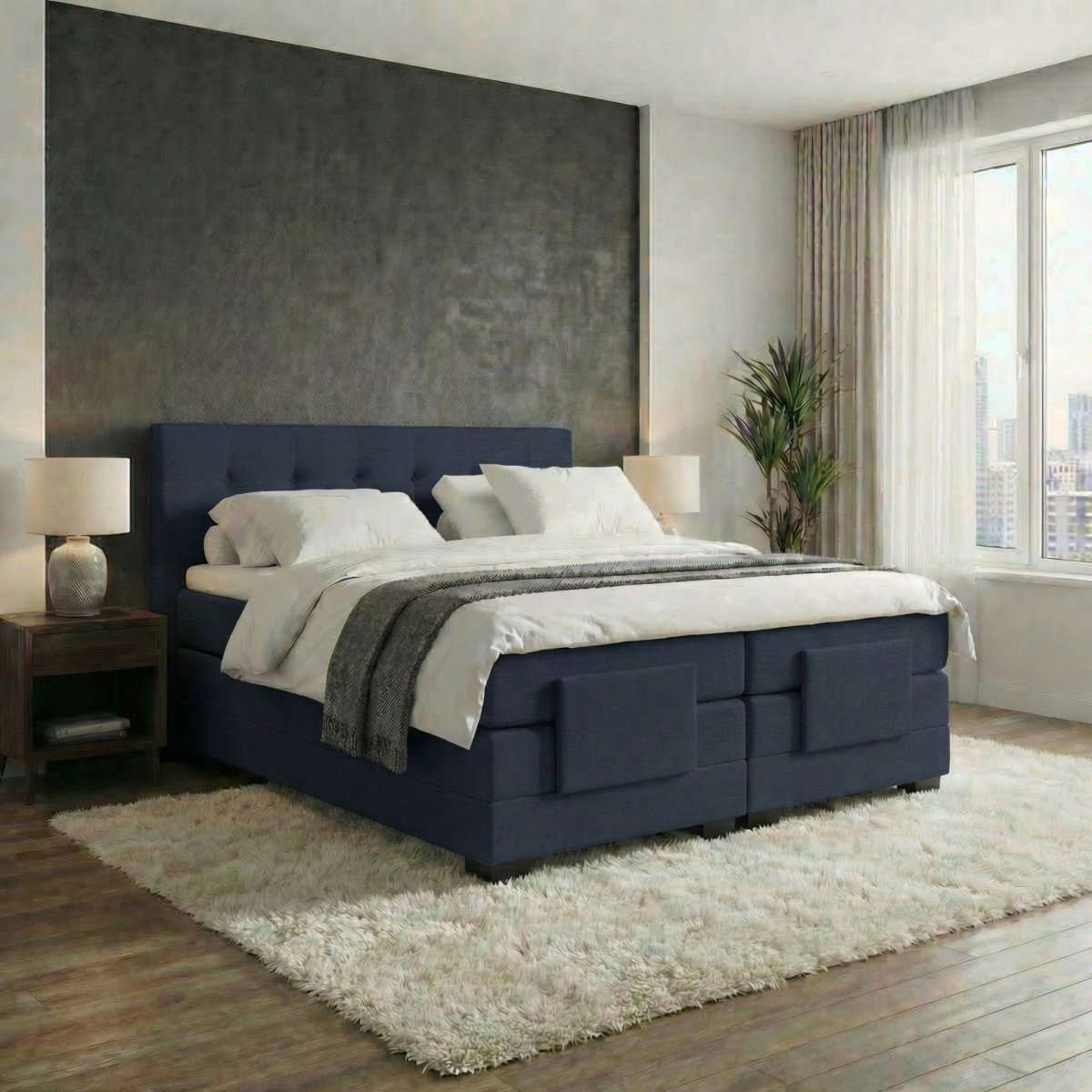 Mörgenn Elektrische Boxspring LUXA - Pocketvering - Inclusief Montage + Dekbed en Kussens 90 x 200 Donkerblauw - Mörgenn