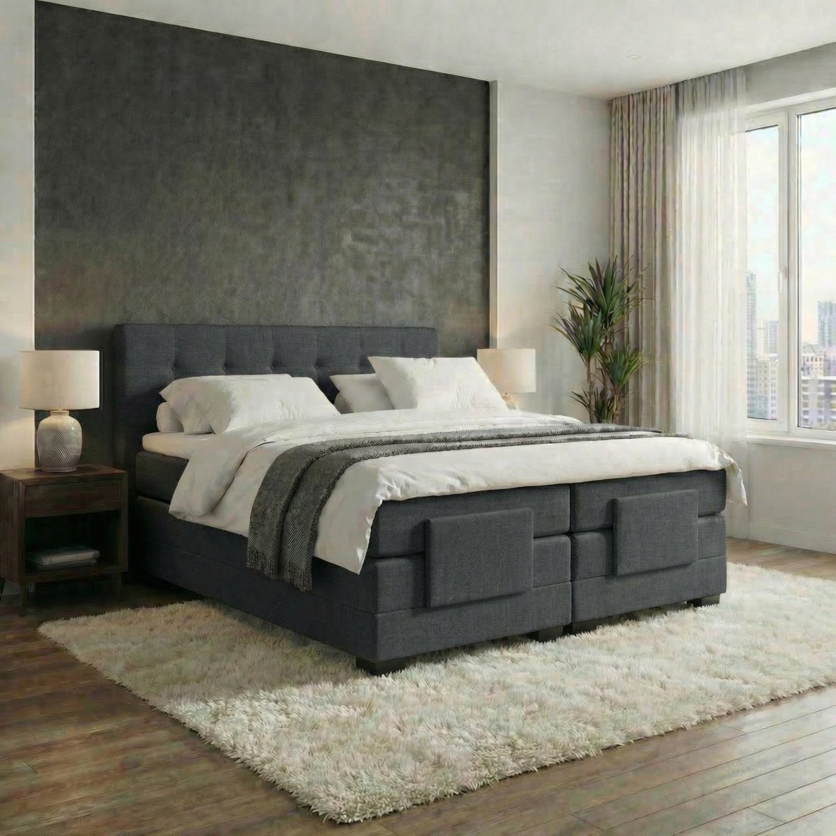 Mörgenn Elektrische Boxspring LUXA - Pocketvering - Inclusief Montage + Dekbed en Kussens 90 x 200 Antraciet - Mörgenn