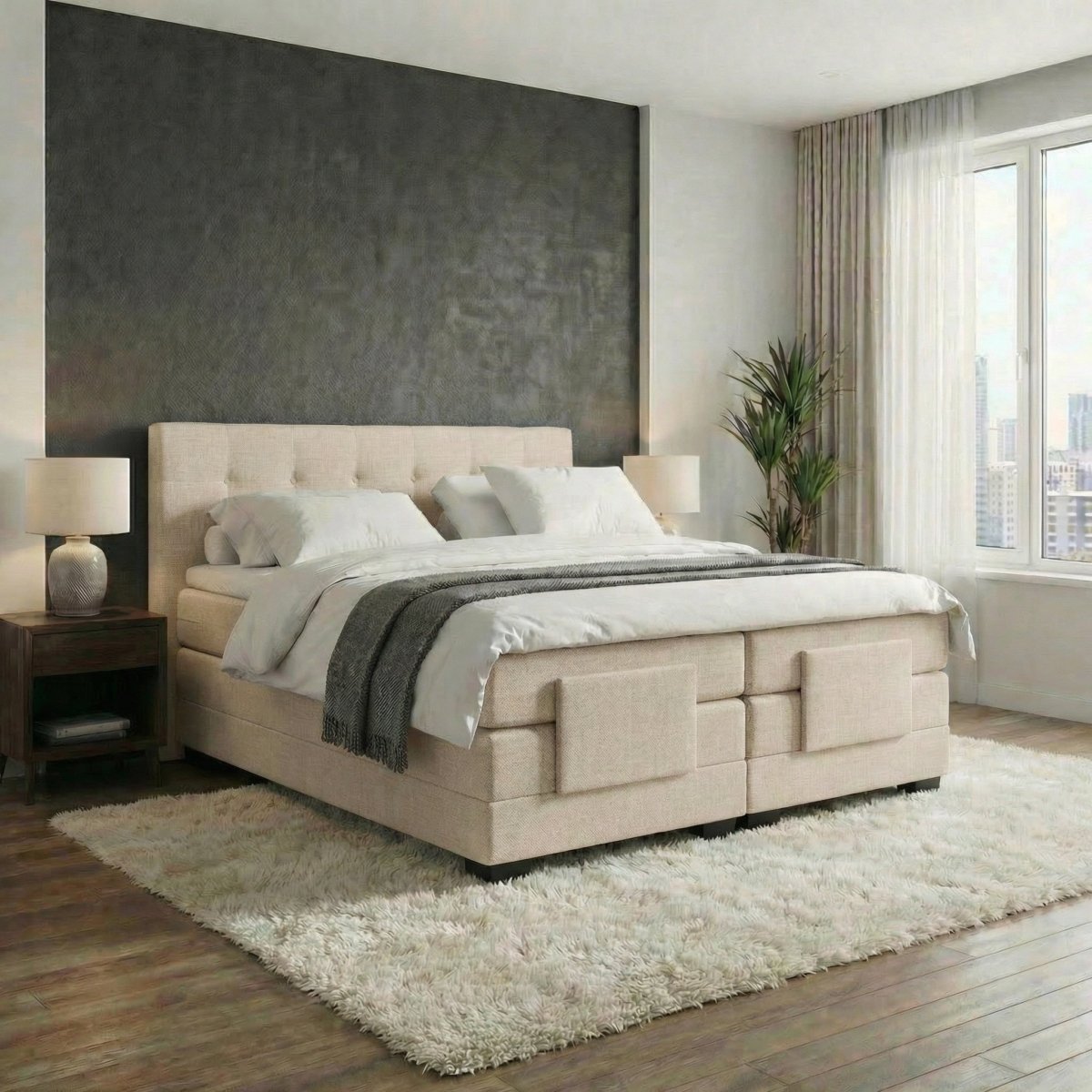 Mörgenn Elektrische Boxspring LUXA - Pocketvering - Inclusief Montage + Dekbed en Kussens 90 x 200 Beige - Mörgenn