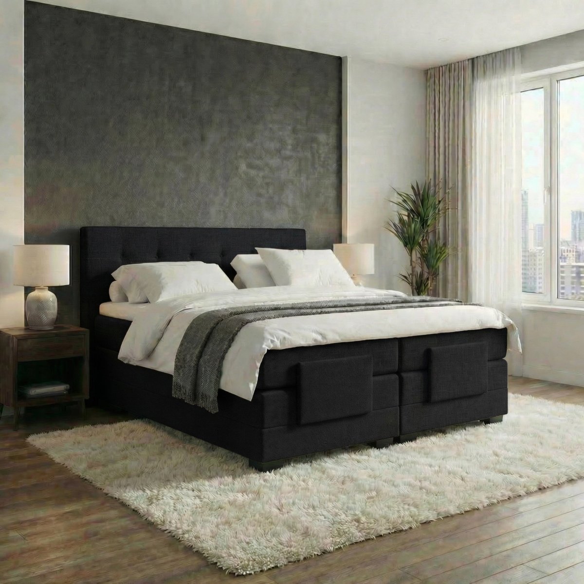 Mörgenn Elektrische Boxspring LUXA - Pocketvering - Inclusief Montage + Dekbed en Kussens 90 x 200 Zwart - Mörgenn