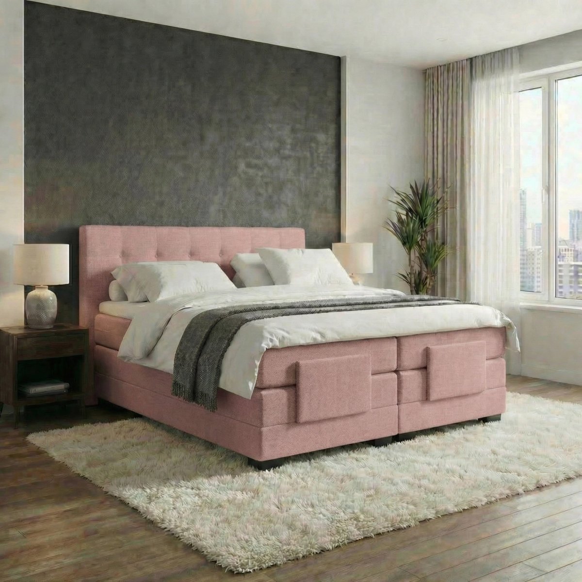 Mörgenn Elektrische Boxspring LUXA - Pocketvering - Inclusief Montage + Dekbed en Kussens 90 x 200 Oud Roze - Mörgenn