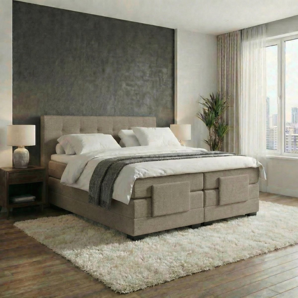 Mörgenn Elektrische Boxspring LUXA - Pocketvering - Inclusief Montage + Dekbed en Kussens 90 x 200 Taupe - Mörgenn