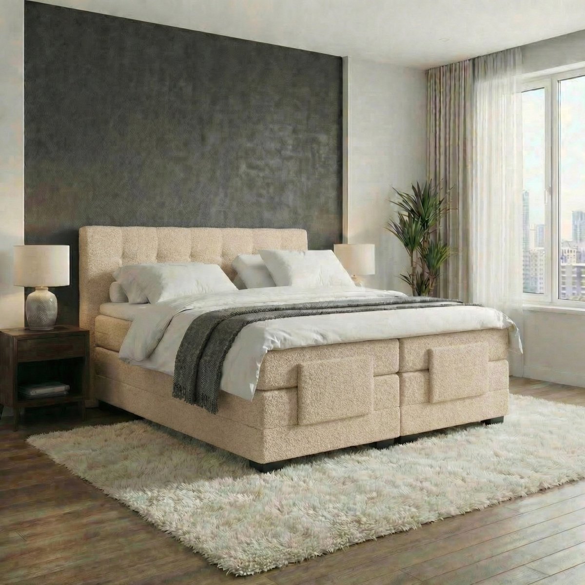 Mörgenn Elektrische Boxspring LUXA - Pocketvering - Inclusief Montage + Dekbed en Kussens 90 x 200 Teddy Beige - Mörgenn