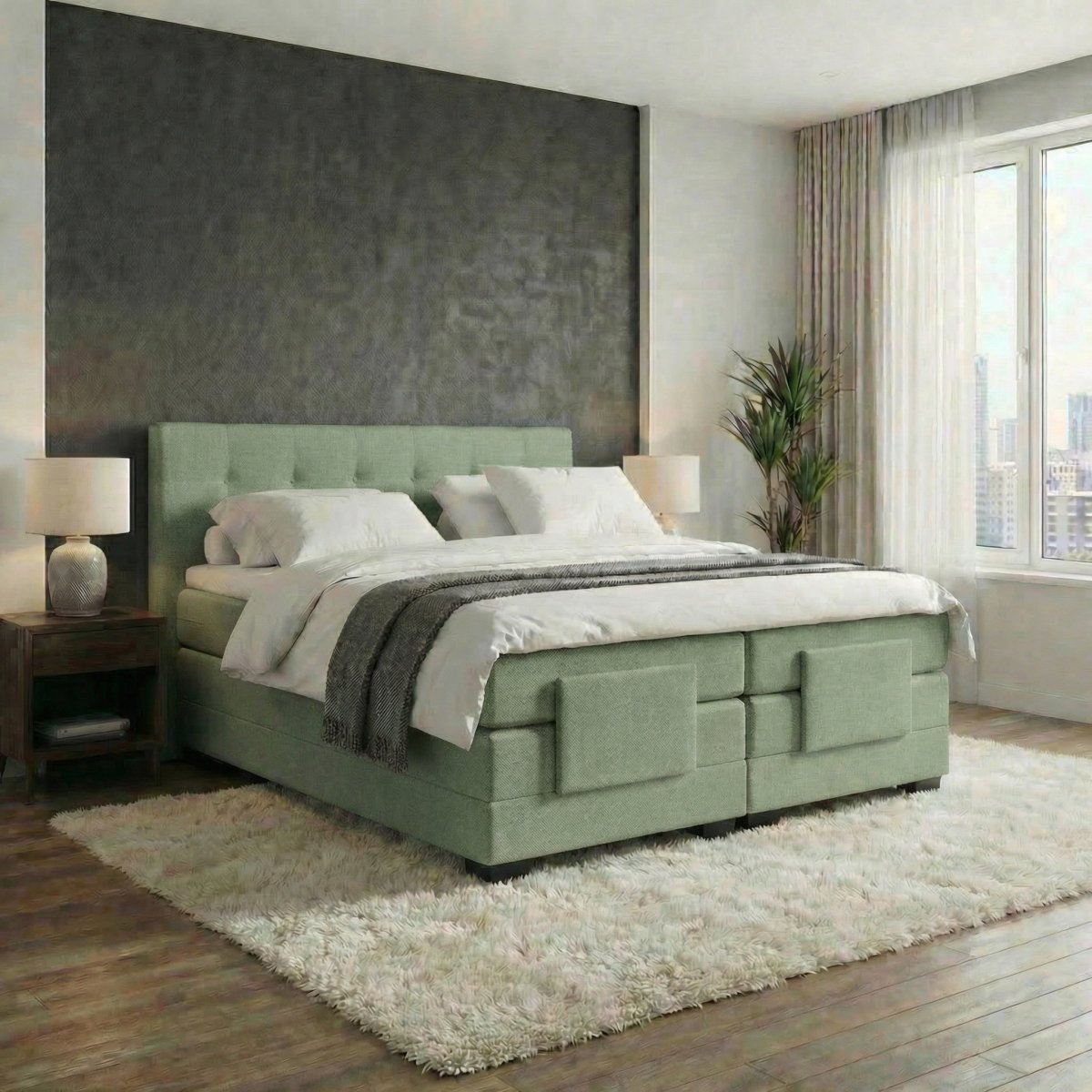 Mörgenn Elektrische Boxspring LUXA - Pocketvering - Inclusief Montage + Dekbed en Kussens 90 x 200 Groen - Mörgenn