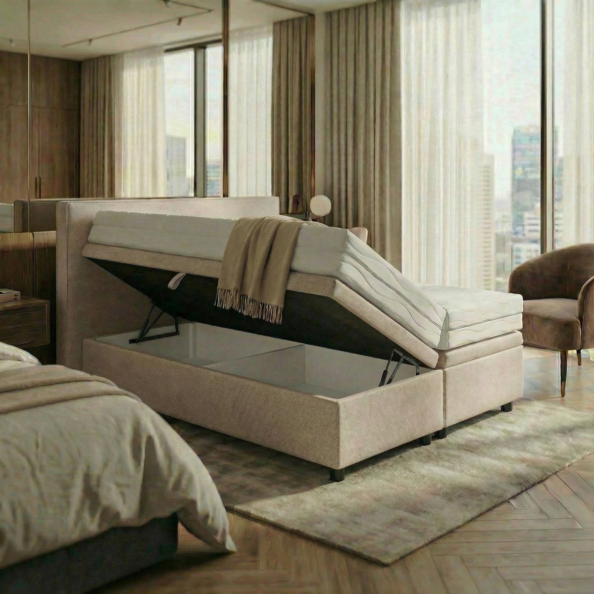 Mörgenn Opbergboxspring Havn met klep - Boxspring zonder matras met opbergruimte 90x200 Beige Geen Matras - Mörgenn