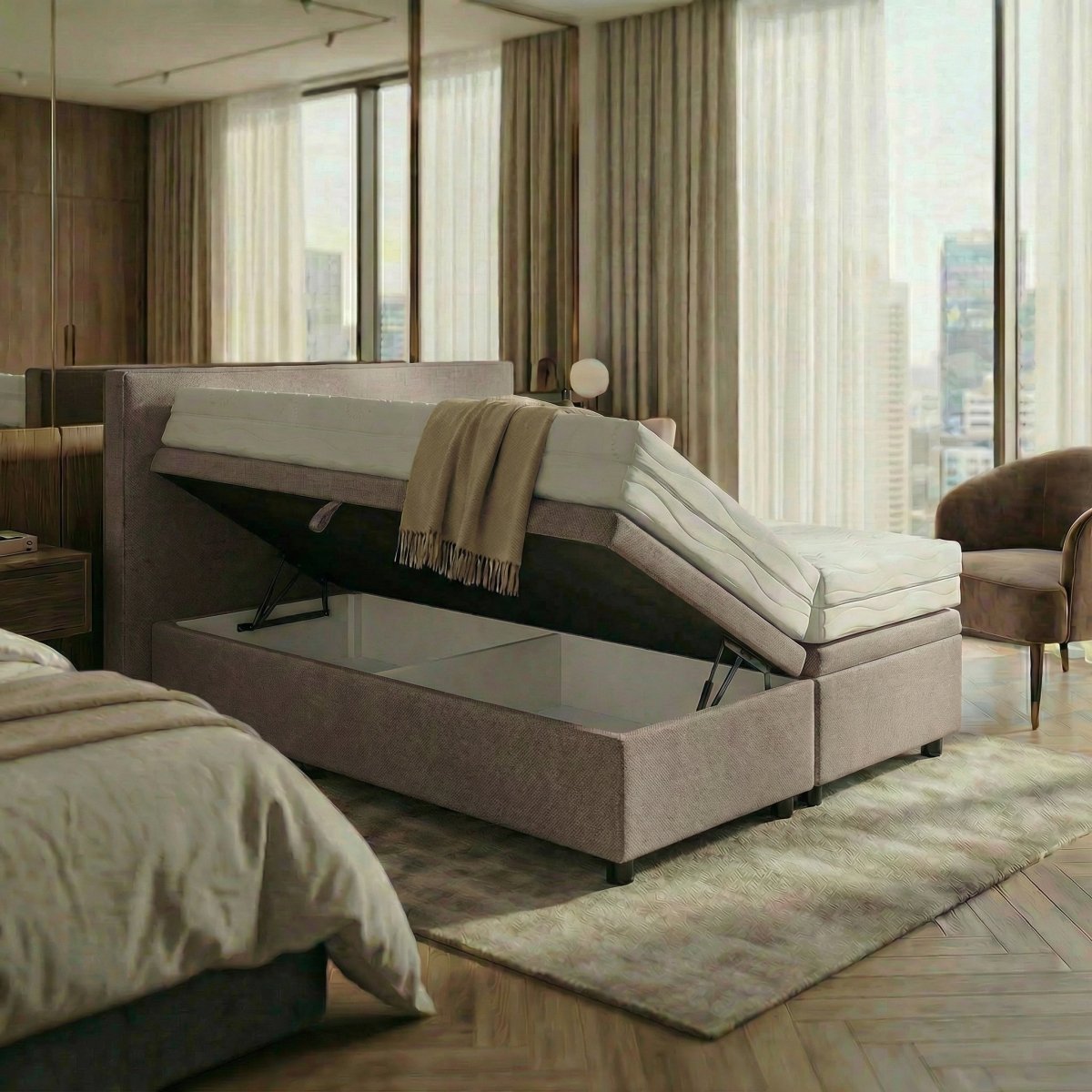 Mörgenn Opbergboxspring Havn met klep - Boxspring zonder matras met opbergruimte 90x200 Taupe Geen Matras - Mörgenn