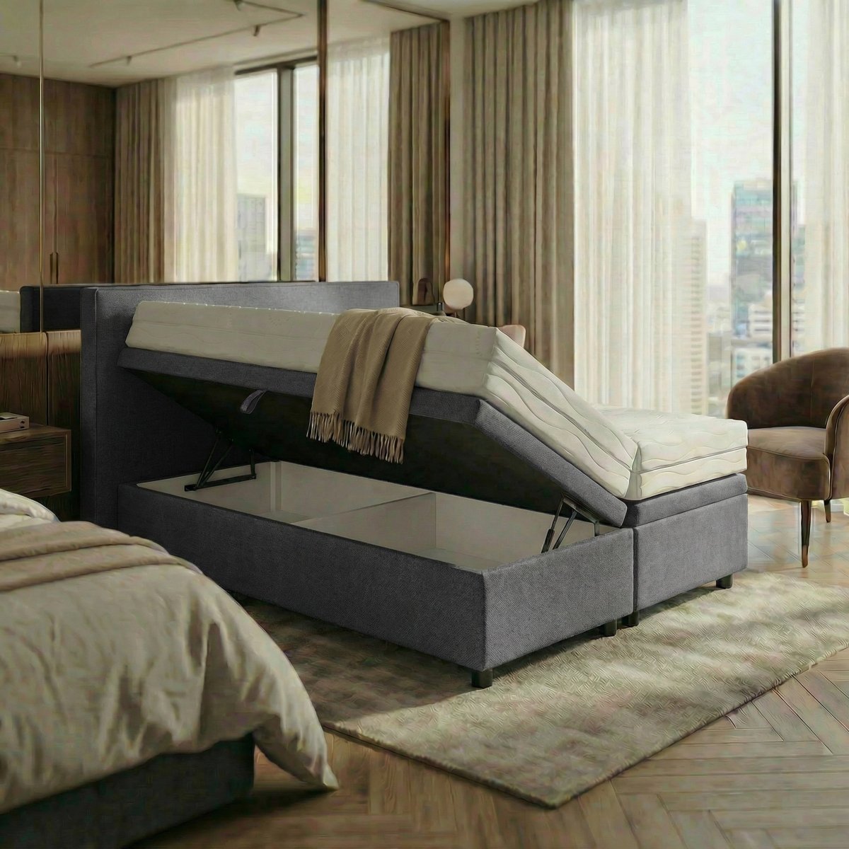 Mörgenn Opbergboxspring Havn met klep - Boxspring zonder matras met opbergruimte 90x200 Antraciet Geen Matras - Mörgenn