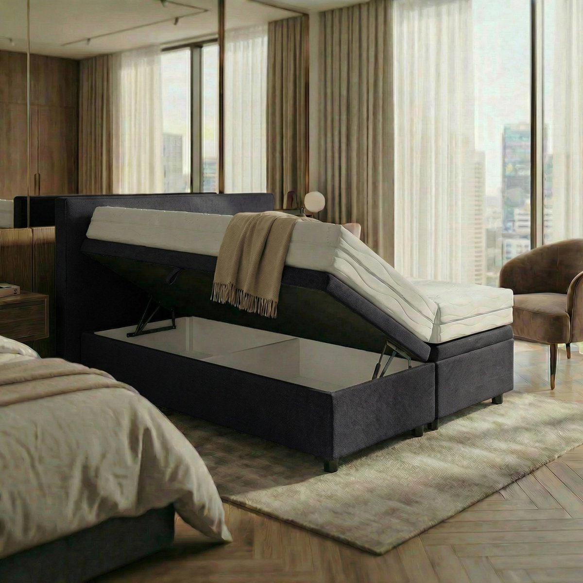 Mörgenn Opbergboxspring Havn met klep - Boxspring zonder matras met opbergruimte 90x200 Zwart Geen Matras - Mörgenn